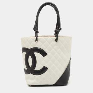 Pre Owned Chanel White/Black Quilted Leather Small Cambon Ligne Tote