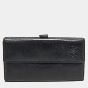 Chanel Black Camellia Embossed Leather Flap Wallet