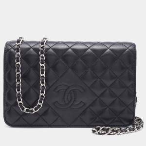 Chanel Black Quilted Leather Diamond CC Wallet On Chain