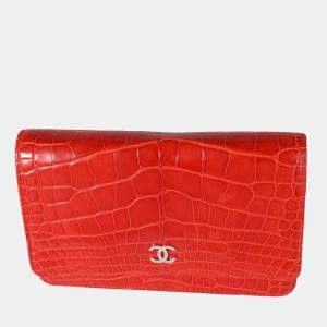 Chanel Vermillion Shiny Alligator Leather Wallet On Chain