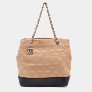 Chanel Beige/Black Quilted Leather CC Chain Link Tote