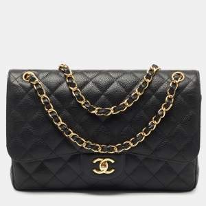 Pre Owned Chanel Black Quilted Caviar Leather Jumbo Classic Double Flap Bag