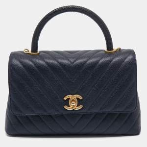 Pre Owned Chanel Blue Quilted Caviar Leather and Lizard Medium Coco Flap Top Handle Bag