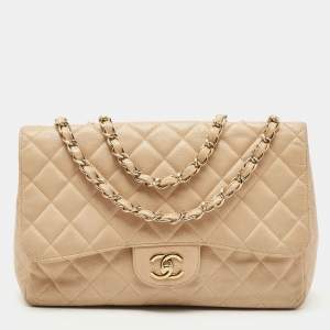 Pre Owned Chanel Beige Quilted Caviar Leather Jumbo Classic Single Flap Bag
