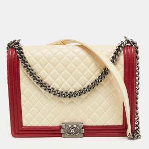 Pre Owned Chanel Cream/Red Quilted Leather Large Boy Flap Bag