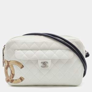 Pre Owned Chanel White/Black Quilted Leather and Python Embossed CC Ligne Cambon Bag