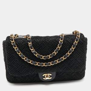 Pre Owned Chanel Black Woven Quilted Raffia and Leather Flap Shoulder Bag