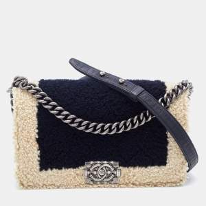 Chanel Navy Blue/Off White Leather and Shearling Medium Boy Bag