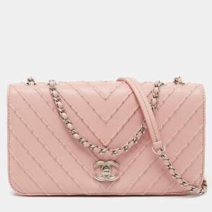 Chanel Pink Chevron Leather CC Studded Flap Bag 