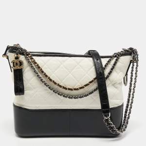 Pre Owned Chanel Black/White Quilted Aged Leather Medium Gabrielle Bag 