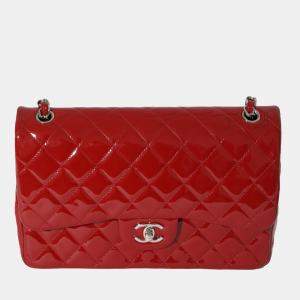 Chanel Red Quilted Patent Leather Jumbo Classic Double Flap Shoulder Bag