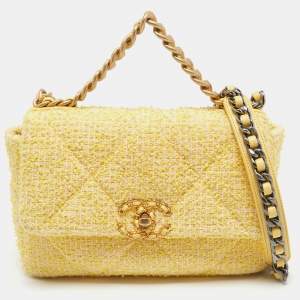 Pre Owned Chanel Yellow Tweed Medium 19 Flap Bag