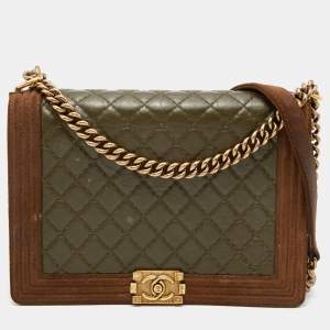 Pre Owned Chanel Brown/Olive Green Quilted Leather Paris-Edinburgh Large Boy Bag