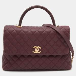 Chanel Burgundy Quilted Caviar Leather and Lizard Coco Flap Top Handle Bag