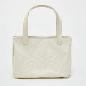 Pre Owned Chanel White Patent Leather Triple CC Logo Tote