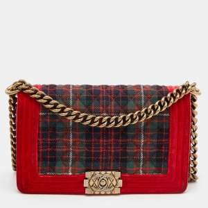 Pre Owned Chanel Red/Green Quilted Tartan and Velvet Medium Boy Flap Bag