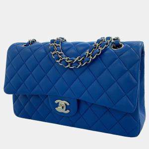 Pre Owned Chanel Blue Lambskin Leather Medium Classic Double Flap Bag