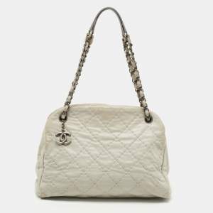 Pre Owned Chanel Light Blue Quilted Shimmer Leather Large Just Mademoiselle Bag