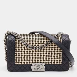 Pre Owned Chanel Black/Cream Woven Patent and Leather Medium Reverso Boy Flap Bag
