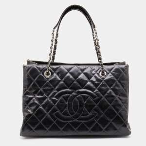Pre Owned Chanel Dark Grey Quilted Leather Large Shopping Tote