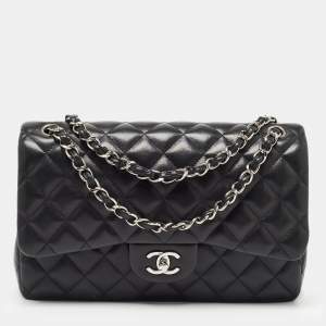 Pre Owned Chanel Black Quilted Lambskin Leather Jumbo Classic Double Flap Bag