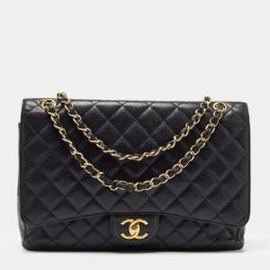 Pre Owned Chanel Black Quilted Caviar Leather Maxi Classic Double Flap Bag