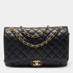 Pre Owned Chanel Black Quilted Caviar Leather Maxi Classic Double Flap Bag