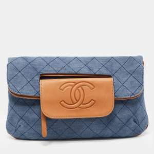 Pre Owned Chanel Blue/Tan Quilted Denim and Leather CC Flap Clutch