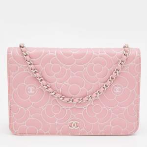 Chanel Pink Leather Embossed Camellia Wallet On Chain