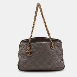 Pre Owned Chanel Grey Quilted Stitch Leather Triptych Tote