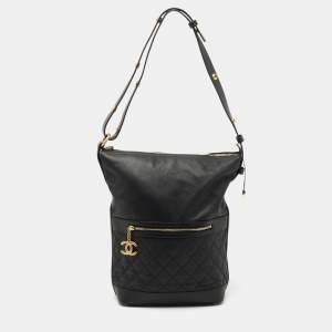 Pre Owned Chanel Black Quilted Caviar Leather Casual Style Hobo