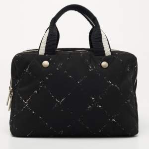 Pre Owned Chanel Black/White Quilted Nylon Travel Line Multiple Zip Bowler Bag