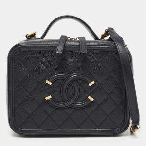 Pre Owned Chanel Black Quilted Caviar Leather Medium CC Filigree Vanity Case Bag