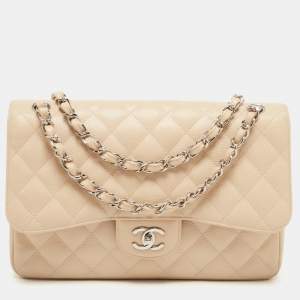 Pre Owned Chanel Beige Quilted Caviar Leather Jumbo Classic Double Flap Bag