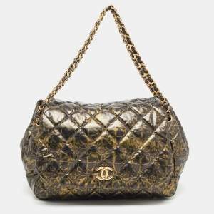 Pre Owned Chanel Black/Green Quilted Printed Coated Nylon Accordion Chain Bag