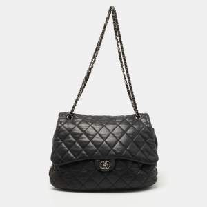 Pre Owned Chanel Black Quilted Lambskin Leather Maxi 3 Accordion Flap Bag