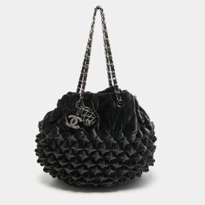 Pre Owned Chanel Dark Grey Pyramid Quilt Drawstring Bucket Bag