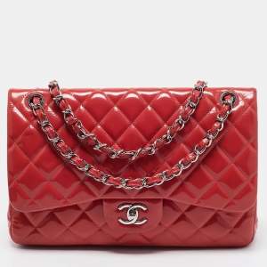 Pre Owned Chanel Orange Quilted Patent Leather Jumbo Classic Double Flap Bag