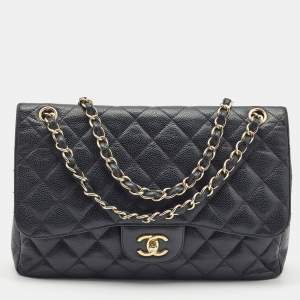 Pre Owned Chanel Black Quilted Caviar Leather Jumbo Classic Double Flap Bag