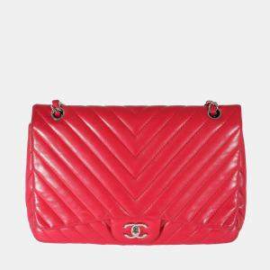 Chanel Pink Lambskin Leather Chevron Classic Single Flap Shoulder Bag