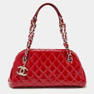 Pre Owned Chanel Red Quilted Patent Leather Small Just Mademoiselle Bowler Bag