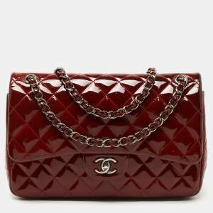 Chanel Red Quilted Patent Leather Jumbo Classic Double Flap Bag