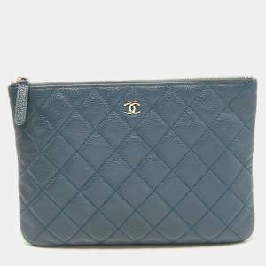 Pre Owned Chanel Blue Quilted Caviar Leather Classic Zip Pouch