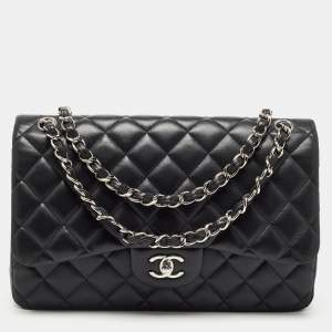 Pre Owned Chanel Black Quilted Lambskin Leather Jumbo Classic Double Flap Bag