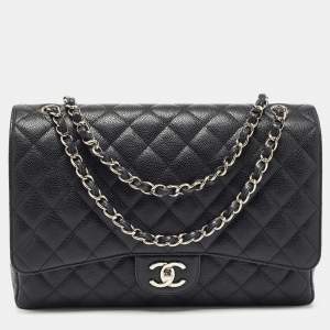 Pre Owned Chanel Black Quilted Caviar Leather Maxi Classic Double Flap Bag