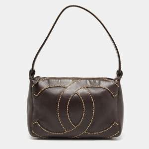 Pre Owned Chanel Dark Brown Leather Wild Stitch CC Baguette Bag