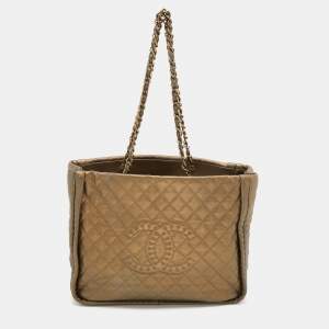 Pre Owned Chanel Metallic Brown Quilted Leather Petite Shopping Timeless Tote