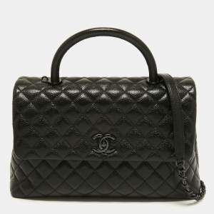 Pre Owned Chanel Black Quilted Caviar Leather So Black Coco Top Handle Bag
