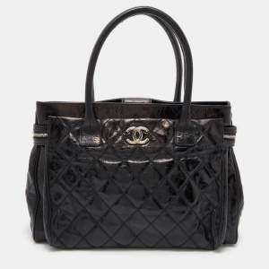 Pre Owned Chanel Black Quilted Glazed Leather Portobello Tote