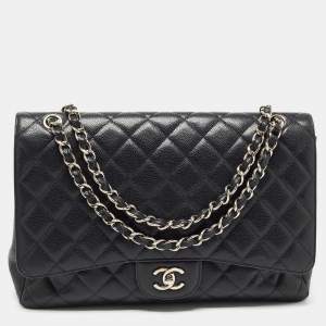Pre Owned Chanel Black Quilted Caviar Leather Maxi Classic Single Flap Bag
